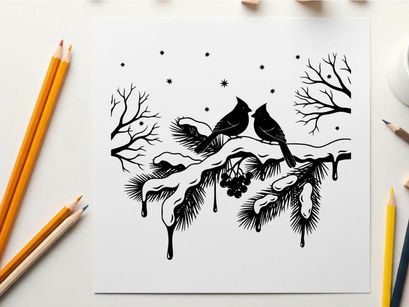 Silhouette of two birds on a snowy branch with bare trees and falling snow