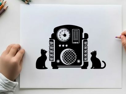 Silhouette of cats and vintage radio on white background silhouette