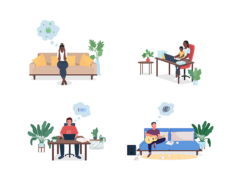 Stressed men and women at home flat color vector faceless and detailed characters set