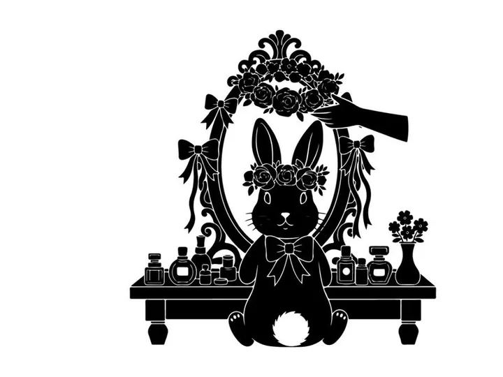 Silhouette of a rabbit in front of a vanity with makeup