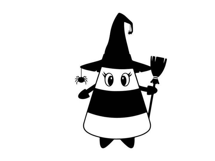 Silhouette of a cartoon witch with a broom and hat