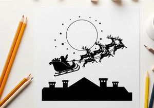 Santa claus in silhouette flying on a sleigh pulled by reindeer under a full moon