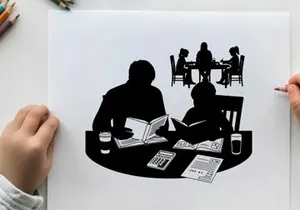 Silhouette of two people reading at a table with others in background silhouette