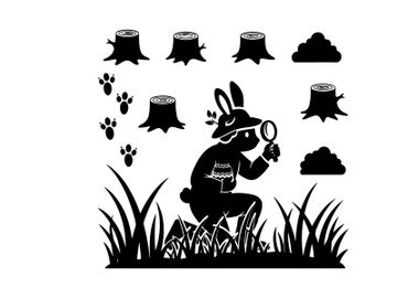 Silhouette of a rabbit detective investigating outdoors at night preview picture