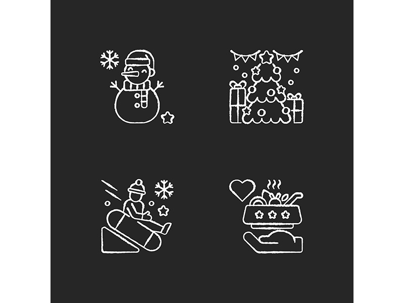 Christmas time entertainment chalk white icons set on black background