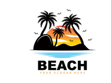 Coconut Tree Logo With Beach Atmosphere, Beach Plant Vector, Sunset View Design