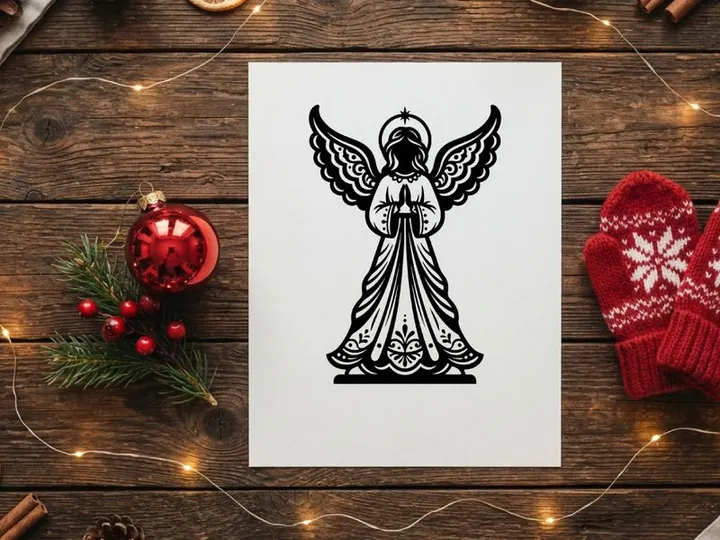 Black and white angel silhouette with wings and halo for Christmas holiday design