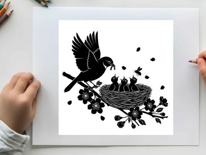 Silhouette of a bird feeding its chicks in a nest with berries