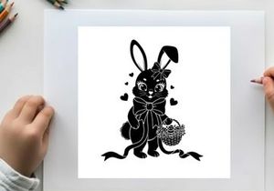 Adorable silhouette bunny holding a bouquet with hearts