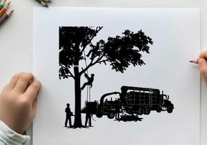 Silhouette of tree removal service workers with truck and equipment