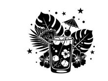 Silhouette of tropical cocktail with umbrella and palm leaves silhouette