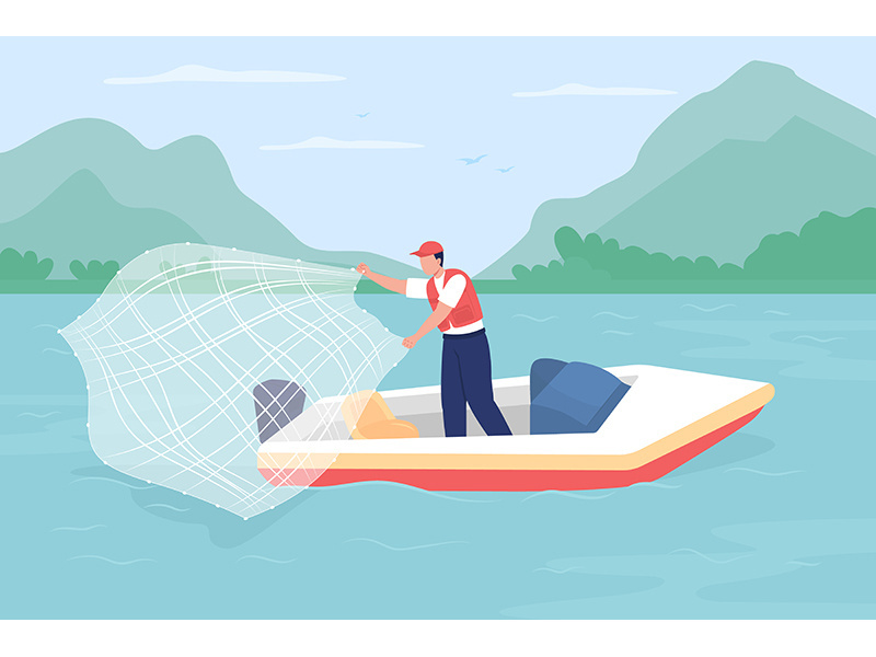 Net fishing from boat flat color vector illustration