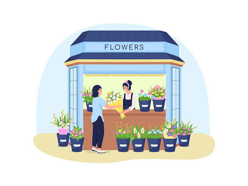 Flowers kiosk 2D vector web banner, poster