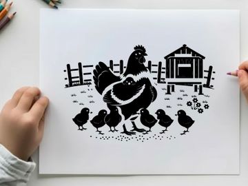 Mother hen and chicks silhouette on farm yard scene preview picture