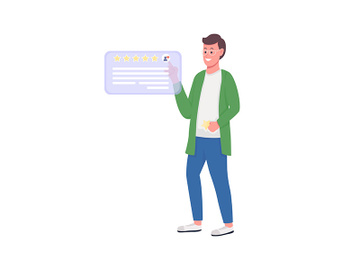Satisfied customer writing review flat color vector detailed character preview picture