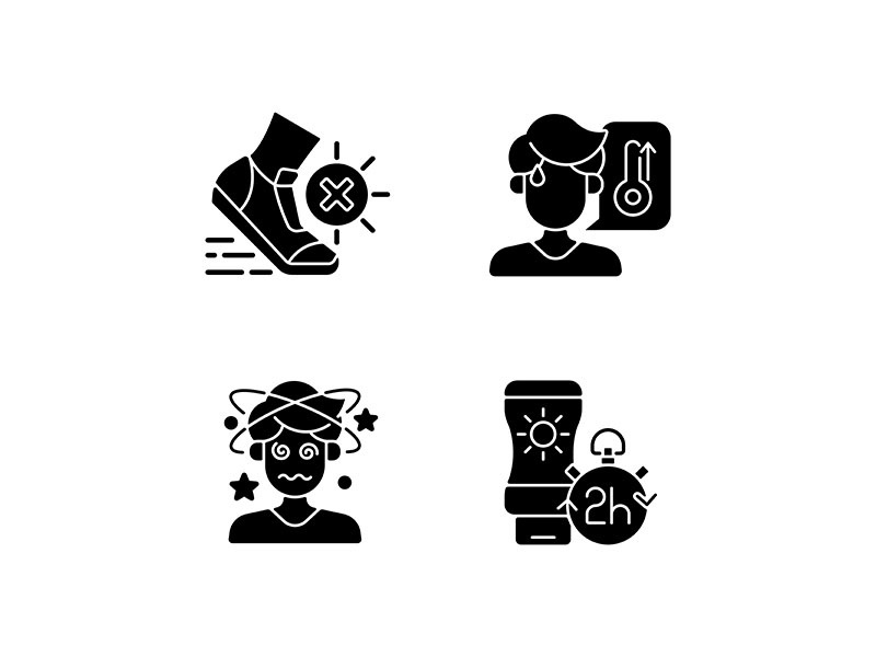 Heatstroke prevention black glyph icons set on white space