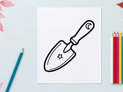 Hand-drawn Halloween shovel with star for trick-or-treat digging. Spooky cartoon trowel illustration for festive candy collection and party decor.