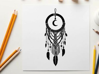 Silhouette dreamcatcher with crescent moon and feathers