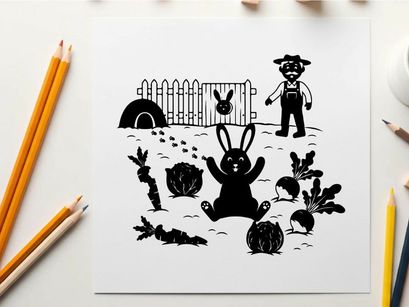 Silhouette of a rabbit and farmer in a garden scene