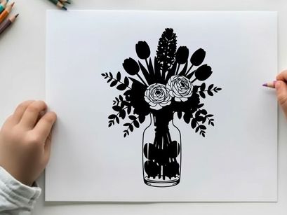 Silhouette of flowers in a vase on a white background