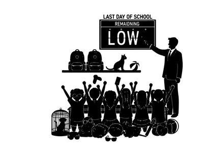 Silhouette of teacher and students on last day of school with cat