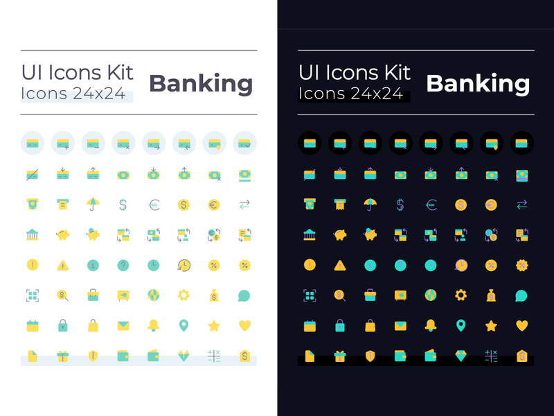 Banking flat color ui icons set for dark, light mode