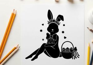 Easter bunny silhouette with crown and basket of eggs
