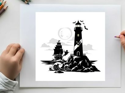 Silhouette of a lighthouse on a rocky coast with a ship