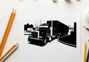 Silhouette of a semi truck on the road with trailer