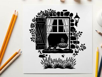 Silhouette of a cozy cottage window with pizza oven silhouette