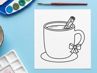 Ilustración dibujada a mano de una taza con palito de canela y moño