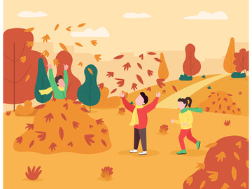 Children play in leaves pile semi flat vector illustration preview picture