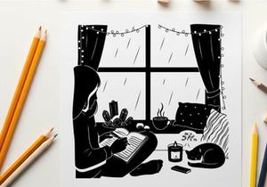 Silhouette of a person writing by a rainy window