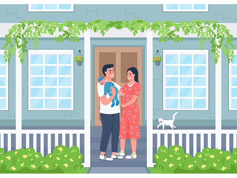 Young happy family outside new home flat color vector illustration