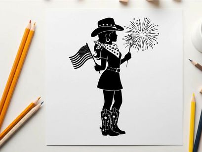 Silhouette of a girl in a cowboy hat holding an american flag and firework