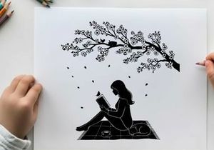Silhouette of a woman reading under a blooming tree at night
