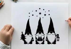 Three gnomes silhouette with christmas tree gift and lantern