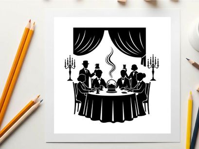 Silhouette of a formal dinner party with waiters and guests