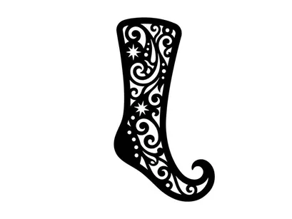 Black Christmas stocking silhouette with intricate floral filigree and star patterns.