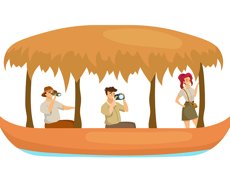 Group in boat flat color vector illustration