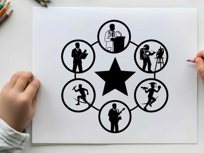 Silhouette of people in various professions around a star