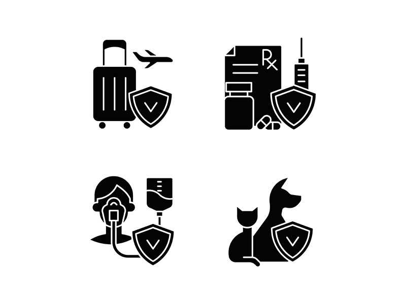 Insurance and protection black glyph icons set on white space