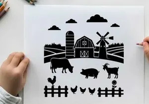 Farm silhouette with animals and windmill
