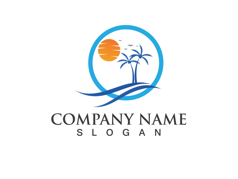 Blue water wave And sun logo design template
