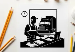 Silhouette of a man in an office with a large truck outside