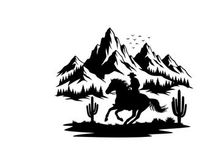Cowboy riding horse silhouette in desert mountain landscape