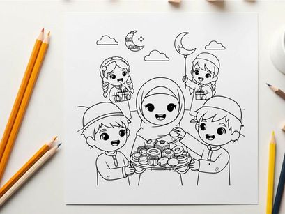 Muslim children iftar meal Ramadan celebration flat design vector illustration