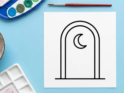 Ilustración minimalista de luna de Halloween y puerta en forma de arco. Entrada nocturna espeluznante vectorial para proyectos de diseño estacional.