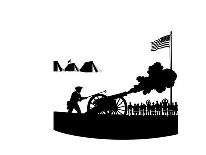American civil war silhouette of soldier firing cannon with flag and tents