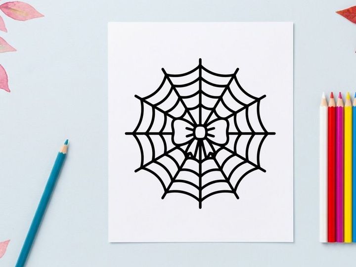 Halloween spider web with central bow design. Vector illustration of festive arachnid decoration for seasonal crafts.